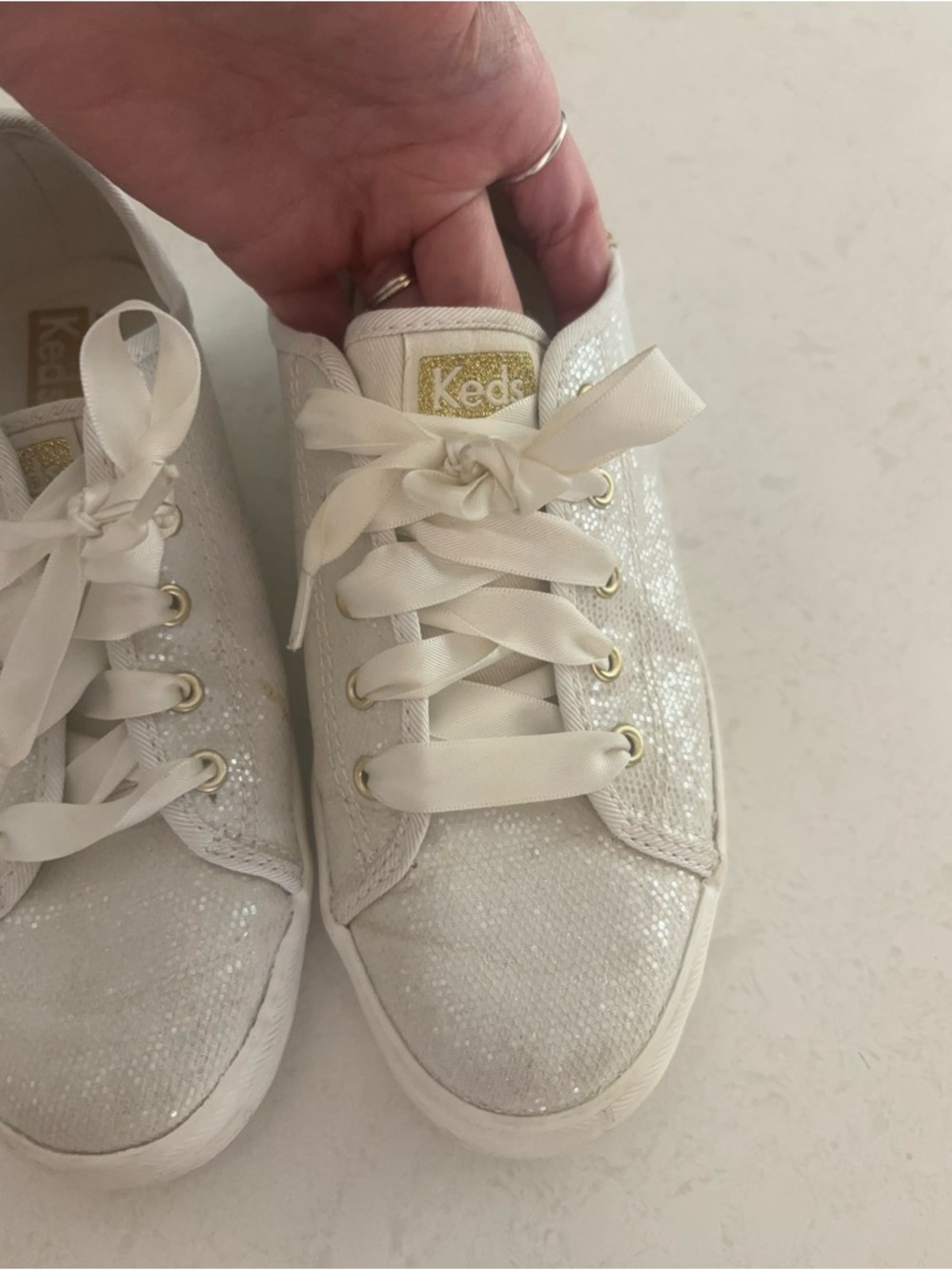 Keds Girls White Glitter Sneakers with Gold Logo - Size 2